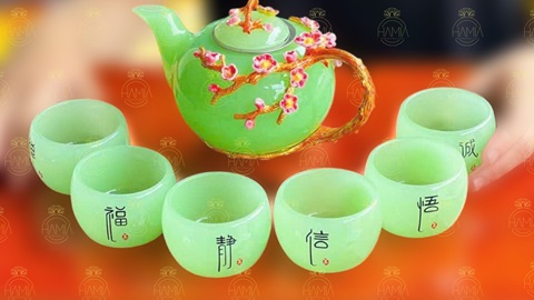 BỘ ẤM CHÉN NGỌC HOA NỔI